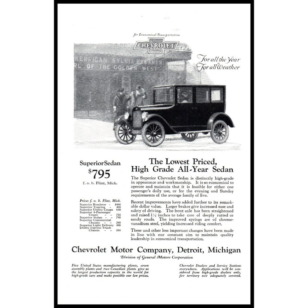 1924 Chevy Superior Sedan Vintage Print Ad Winter Weather Downtown Wall Art